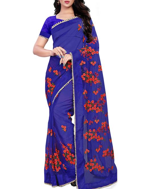 floral royal blue embroidered saree with blouse - 16003973 - Standard Image - 1