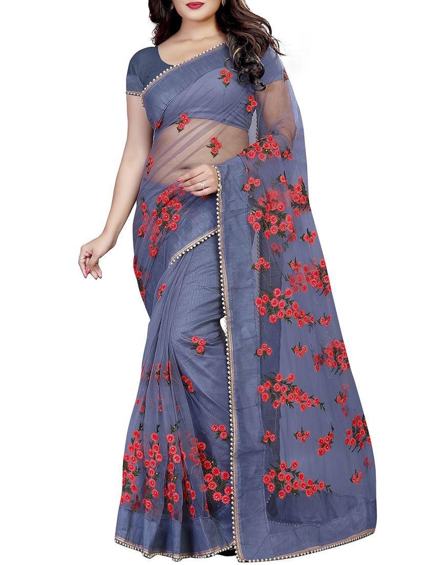 floral grey embroidered saree with blouse - 16003976 - Zoom Image - 1