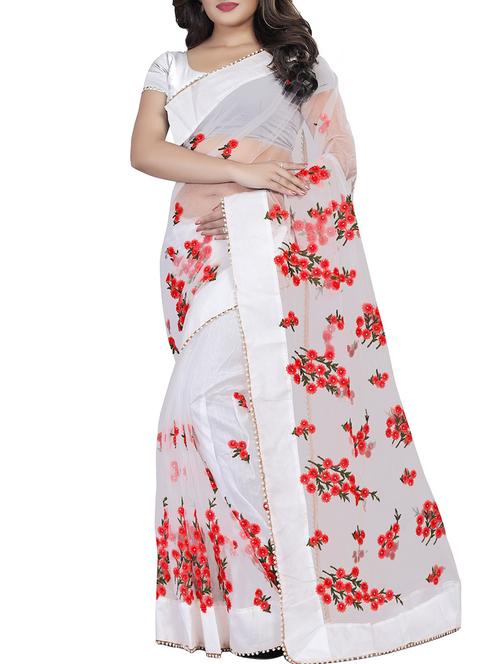 floral white embroidered saree with blouse - 16003977 - Standard Image - 1