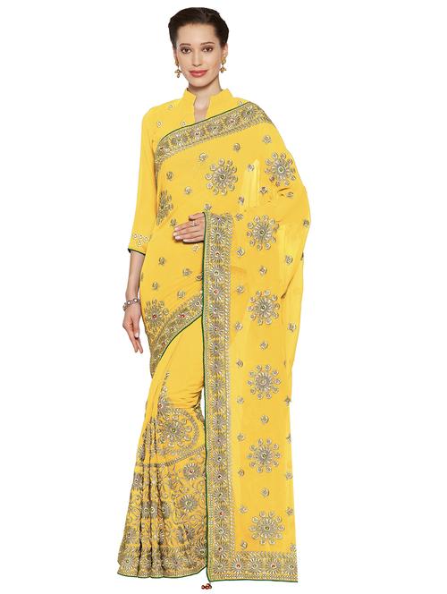 floral yellow embroidered saree with blouse - 16004894 - Very Small Image - 1