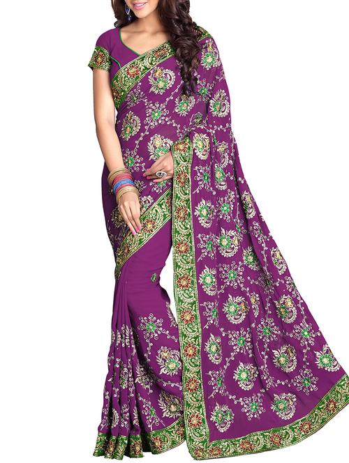 floral purple embroidered saree with blouse - 16004896 - Very Small Image - 1