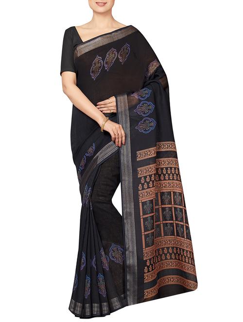 ethnic motifs black printed saree with blouse - 16005265 - Standard Image - 1