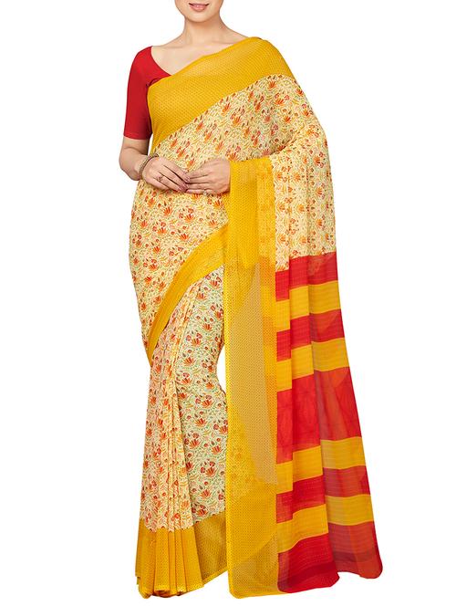floral yellow printed saree with blouse - 16005267 - Standard Image - 1