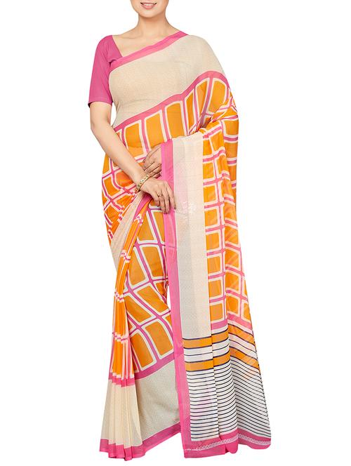 checkered yellow printed saree with blouse - 16005268 - Standard Image - 1