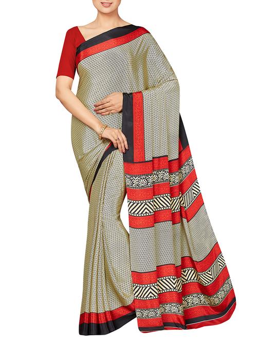 contrast border beige printed saree with blouse - 16005270 - Standard Image - 1