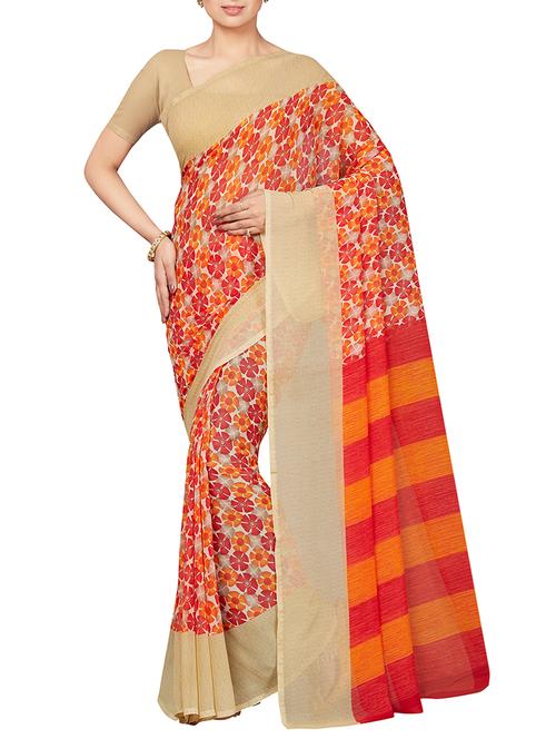 floral orange printed saree with blouse - 16005274 - Standard Image - 1