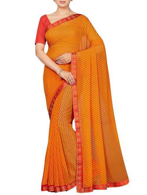orange printed saree with blouse - 16005278 - Standard Image - 1