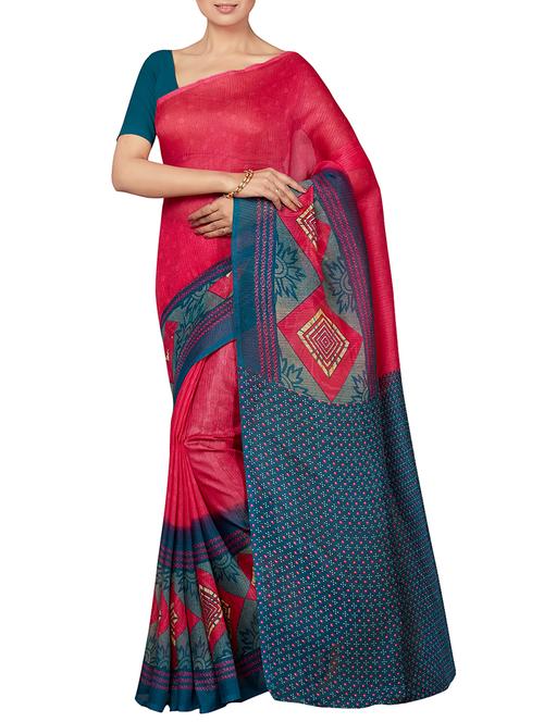 geometrical border pink printed saree with blouse - 16005287 - Standard Image - 1