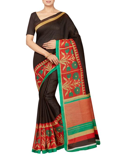 floral border brown printed saree with blouse - 16005291 - Standard Image - 1