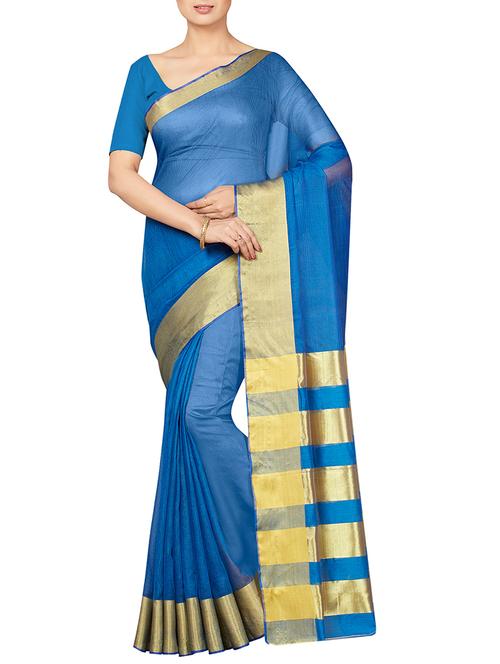 zari border blue woven saree with blouse - 16005295 - Standard Image - 1