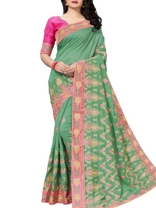floral turquoise embroidered saree with blouse - 16005414 - Standard Image - 1