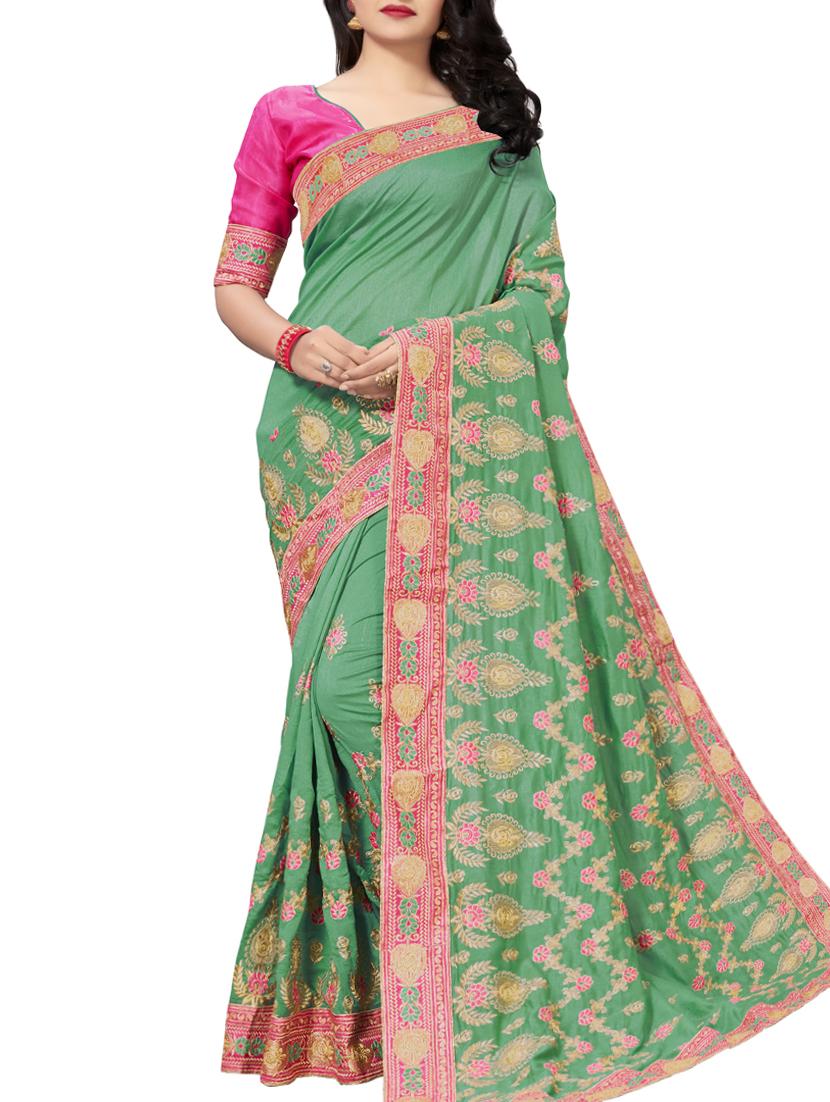floral turquoise embroidered saree with blouse - 16005414 - Zoom Image - 1