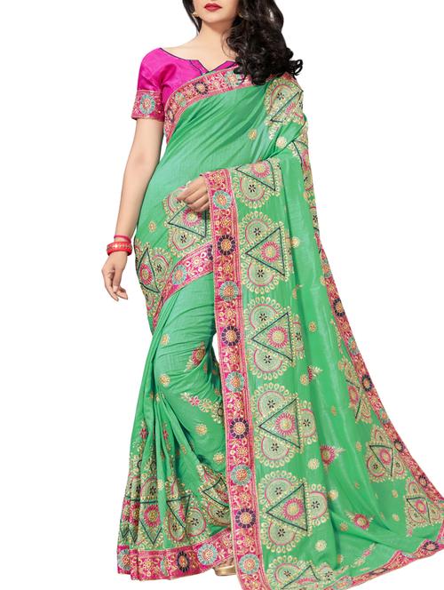 floral turquoise embroidered saree with blouse - 16005418 - Standard Image - 1