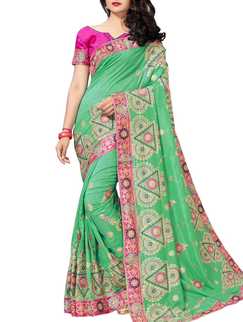 floral turquoise embroidered saree with blouse - 16005418 - Zoom Image - 1