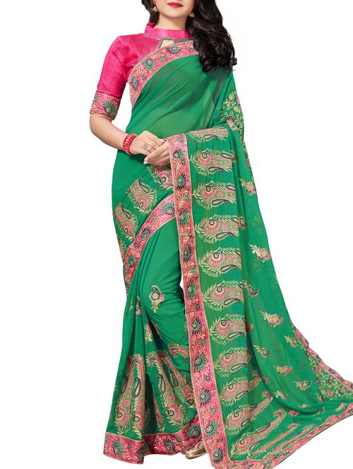 paisley turquoise embroidered saree with blouse - 16005422 - Standard Image - 1