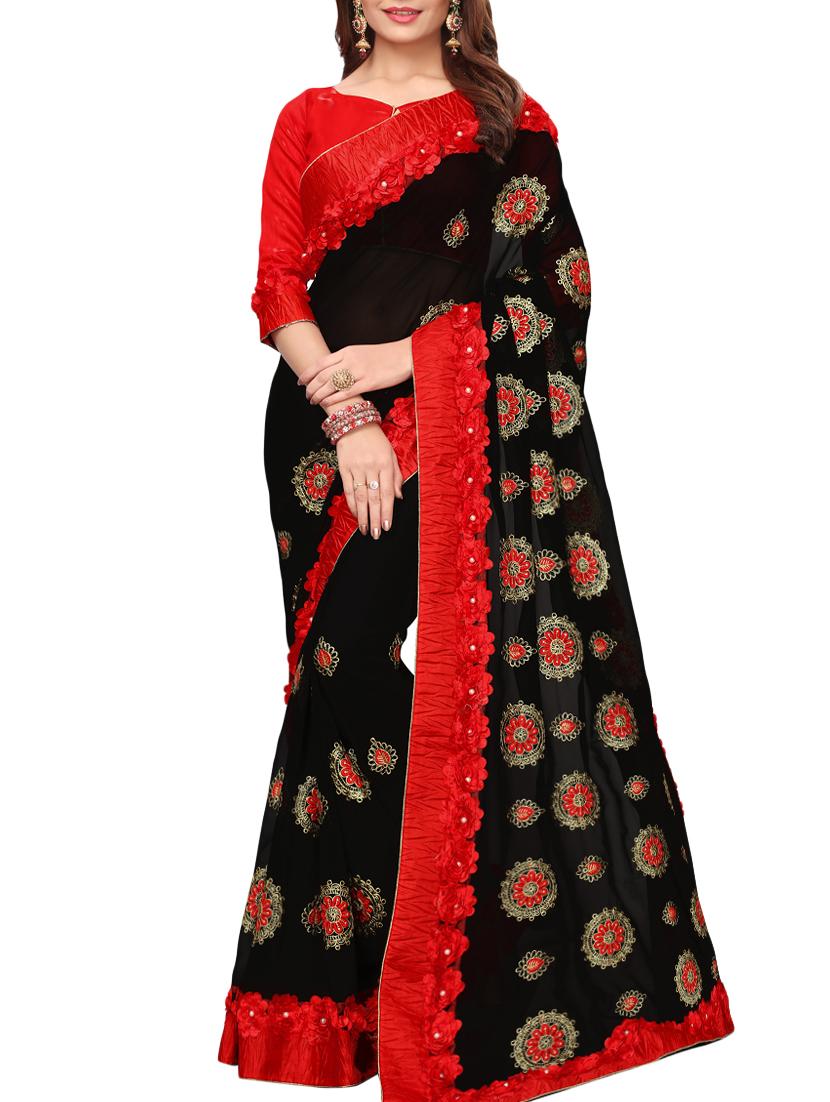 ribbon border floral embroidered saree with blouse - 16005447 - Zoom Image - 1