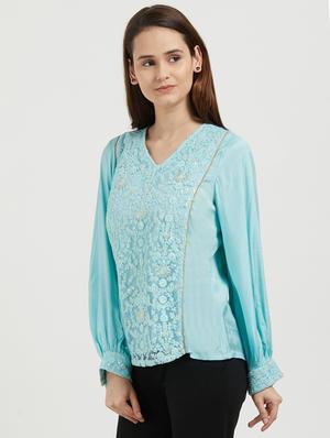 embroidered mesh v-neck top - 16005770 - Standard Image - 2