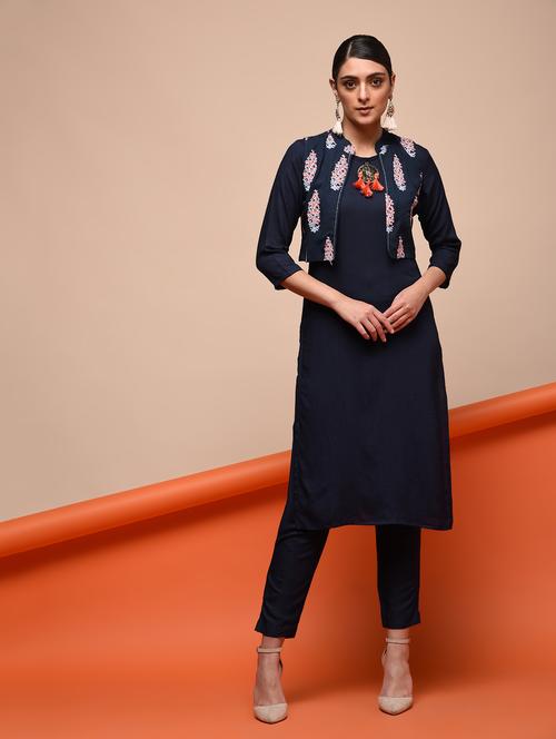 solid straight kurta with printed jacket - 16006415 - Standard Image - 1