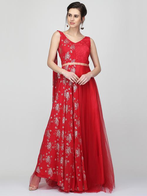 Foil print flared gown - 16007035 - Standard Image - 1