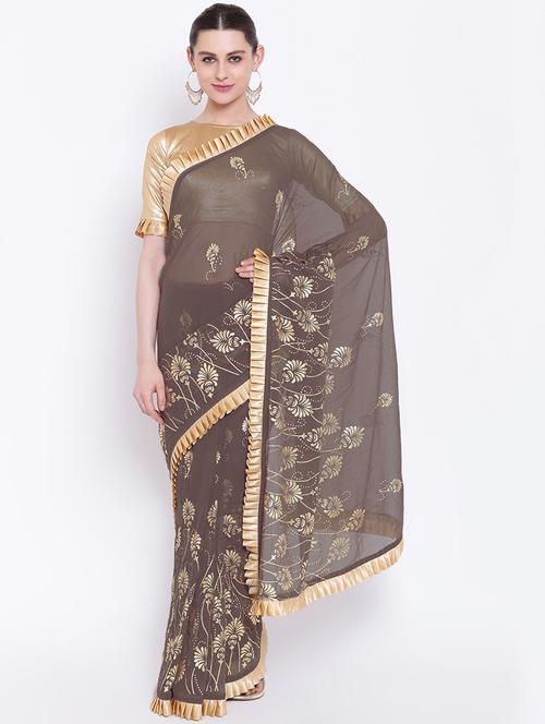 ruffle border foil printed saree with blouse - 16007161 - Standard Image - 1