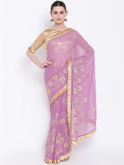 ruffle border foil printed saree with blouse - 16007164 - Very Small Image - 1