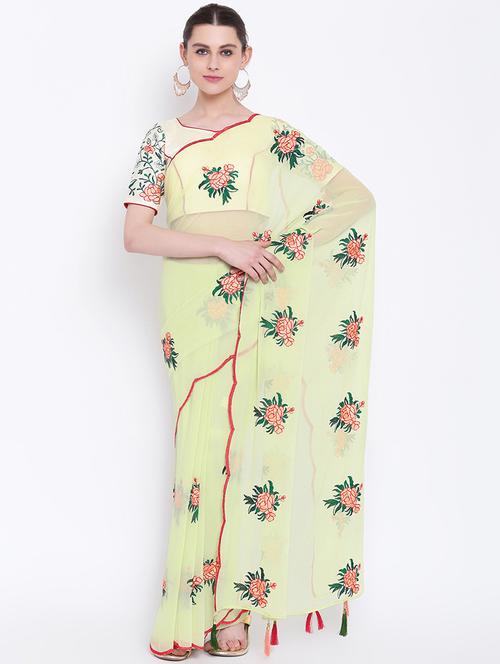 floral parrot green embroidered saree with blouse - 16007167 - Standard Image - 1