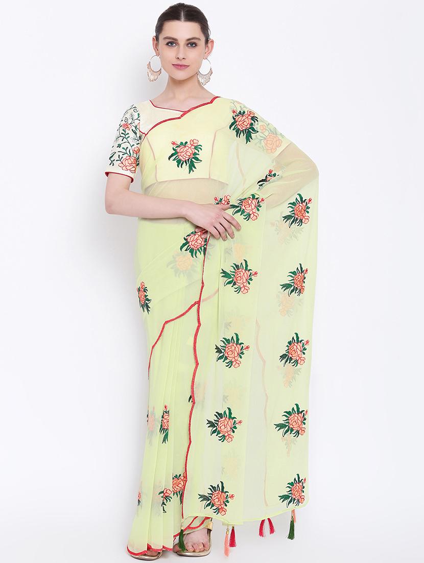 floral parrot green embroidered saree with blouse - 16007167 - Zoom Image - 1