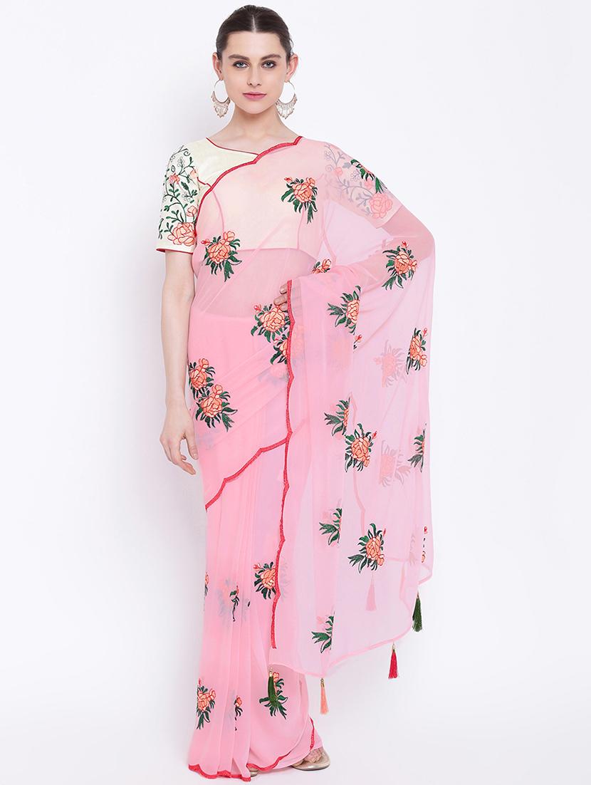 floral pink embroidered saree with blouse - 16007169 - Zoom Image - 1