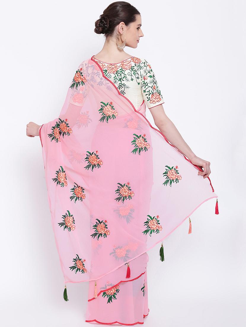 floral pink embroidered saree with blouse - 16007169 - Zoom Image - 2
