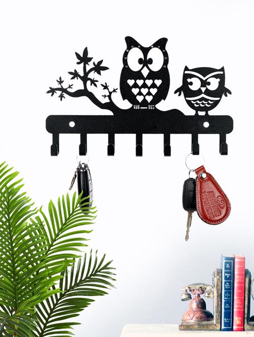 sehaz artworks decorative metel 7 hooks wall keyholder 2-owls for kitchen utensil, bathroom towel hooks hat rack - 16007170 - Standard Image - 1