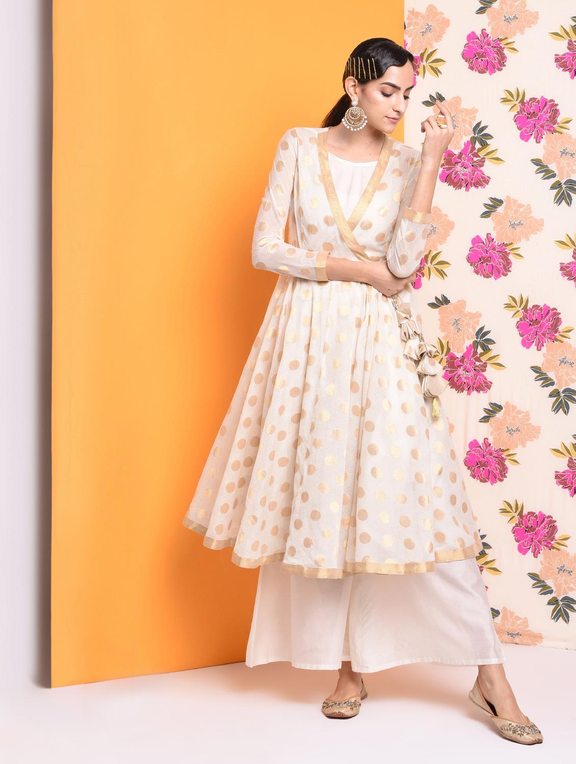 zari self-design chanderi angrakha kurta - 16007821 - Zoom Image - 1