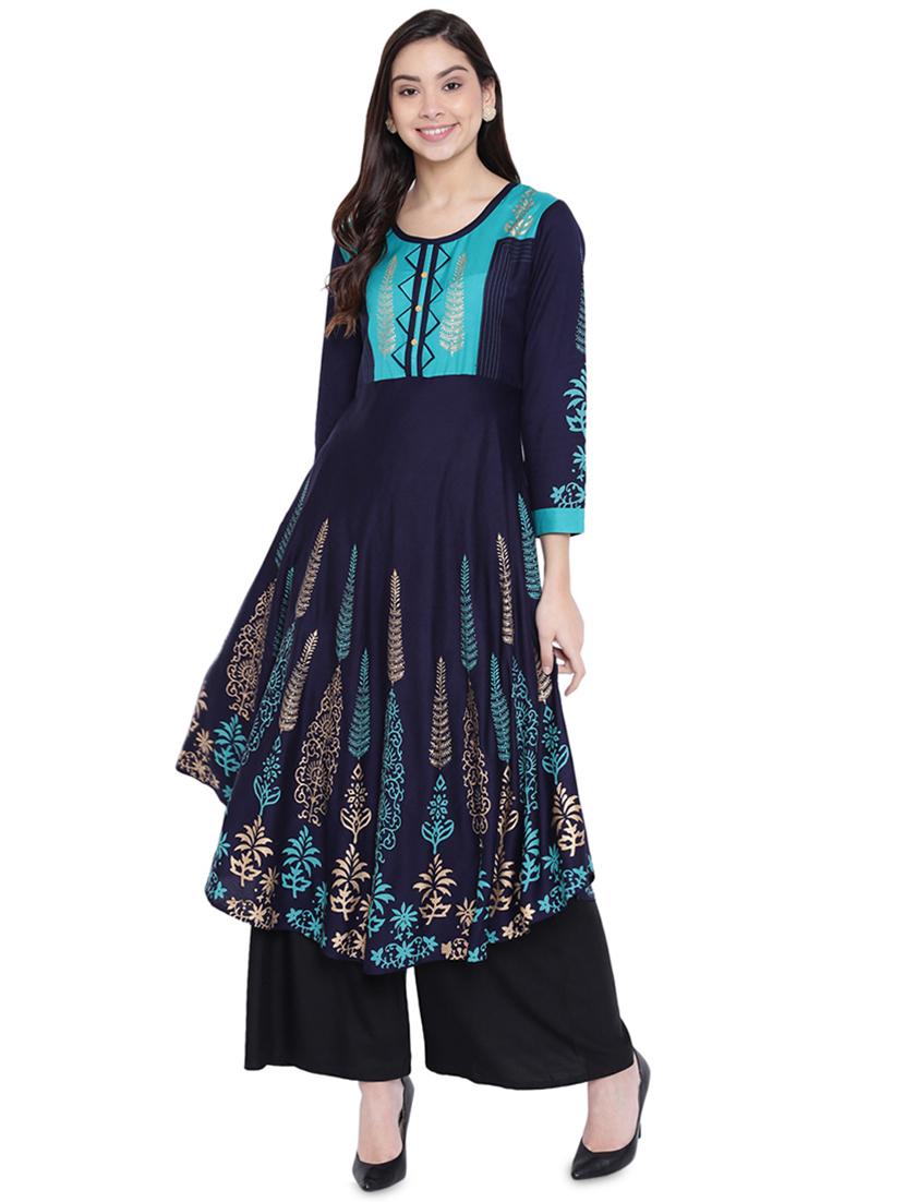 a-line block print kurta - 16008573 - Zoom Image - 1