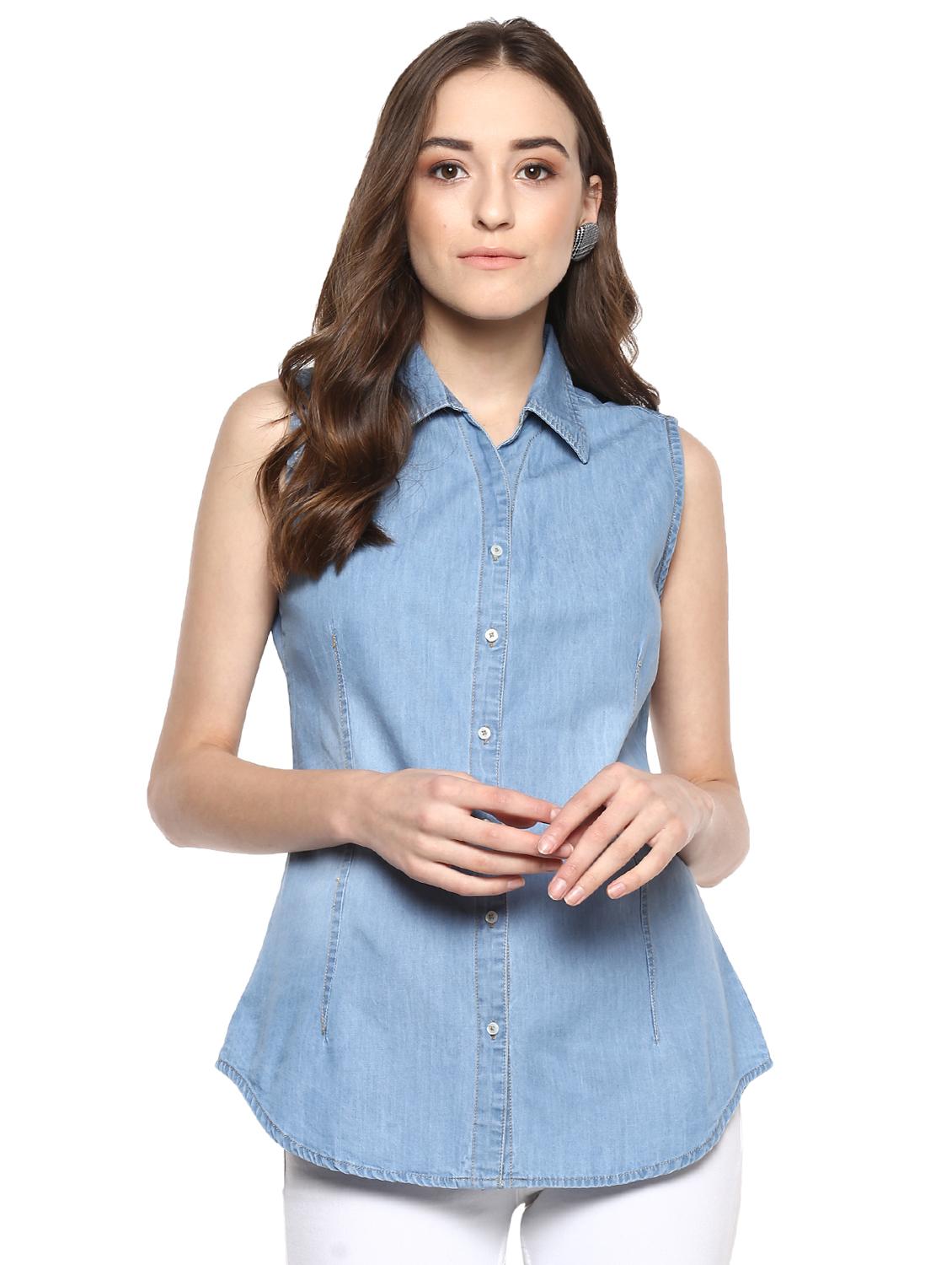 curved hem sleeveless denim shirt - 16009106 - Zoom Image - 1