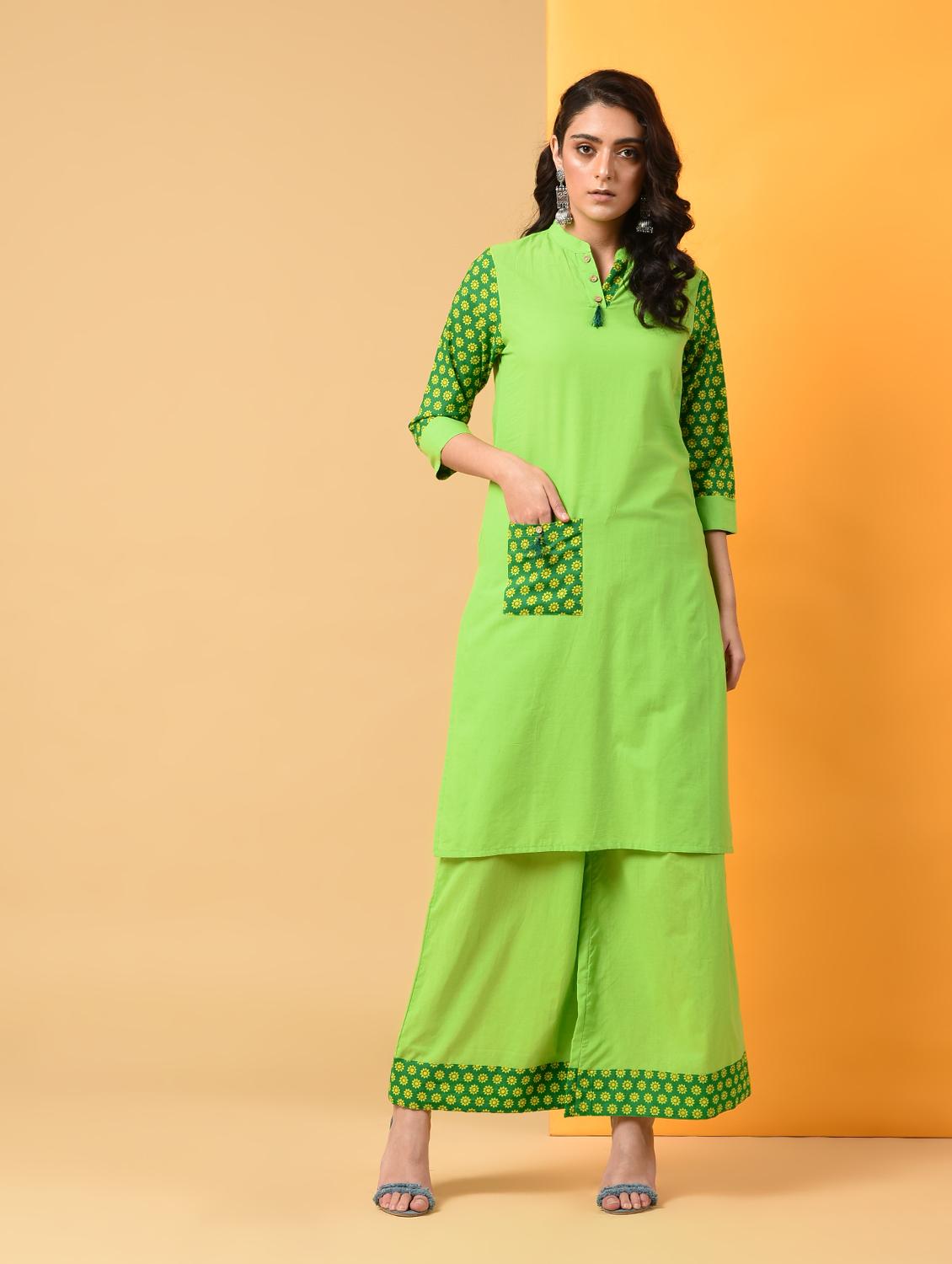 contrast patch pocket detailed kurta with palazzo set - 16009408 - Zoom Image - 1
