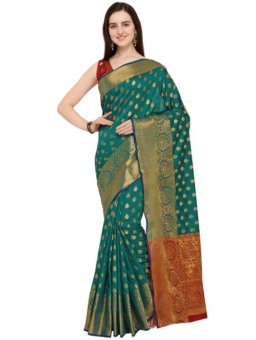 ethnic zari motif turquoise banarasi saree with blouse - 16009742 - Standard Image - 1