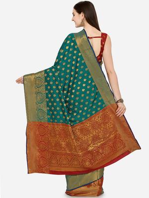 ethnic zari motif turquoise banarasi saree with blouse - 16009742 - Standard Image - 2