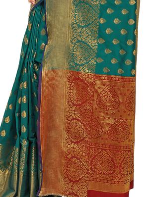 ethnic zari motif turquoise banarasi saree with blouse - 16009742 - Standard Image - 4