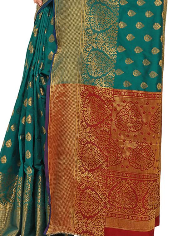 ethnic zari motif turquoise banarasi saree with blouse - 16009742 - Zoom Image - 4