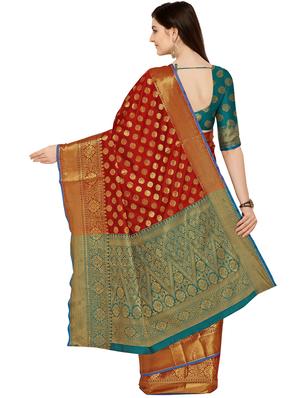 ethnic zari motif red banarasi saree with blouse - 16009743 - Standard Image - 2