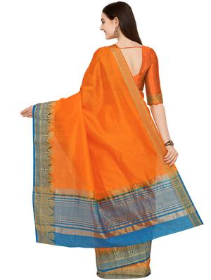 floral zari border orange banarasi saree with blouse - 16009746 - Standard Image - 2