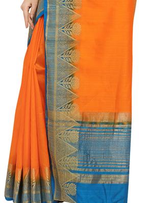 floral zari border orange banarasi saree with blouse - 16009746 - Standard Image - 4