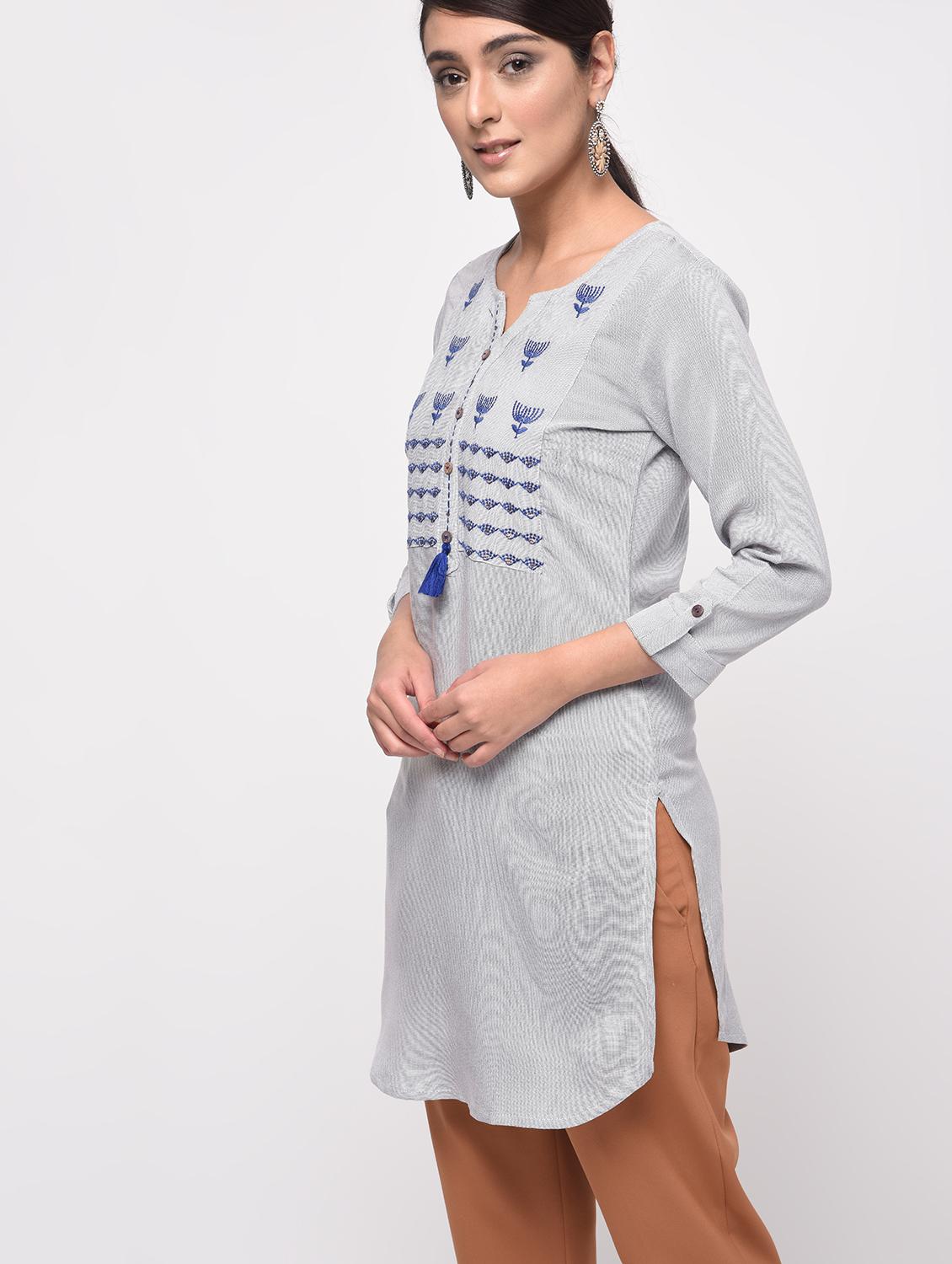 embroidered yoke tassels straight kurti - 16009773 - Zoom Image - 3