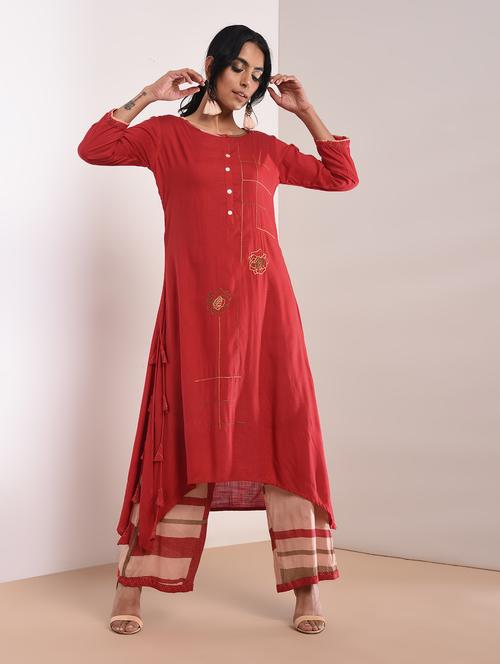 Kaantha asymmetric kurta palazzo set with tassels - 16011131 - Standard Image - 1