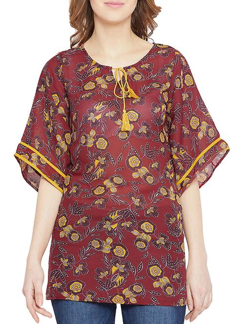 contrast piped tie up floral tunic - 16011976 - Standard Image - 1