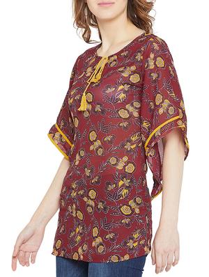 contrast piped tie up floral tunic - 16011976 - Standard Image - 2