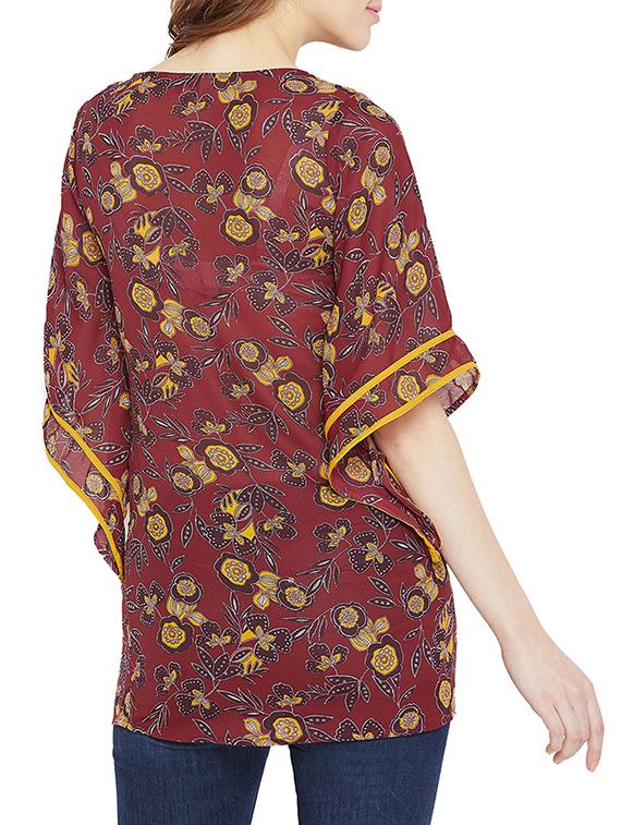 contrast piped tie up floral tunic - 16011976 - Zoom Image - 3