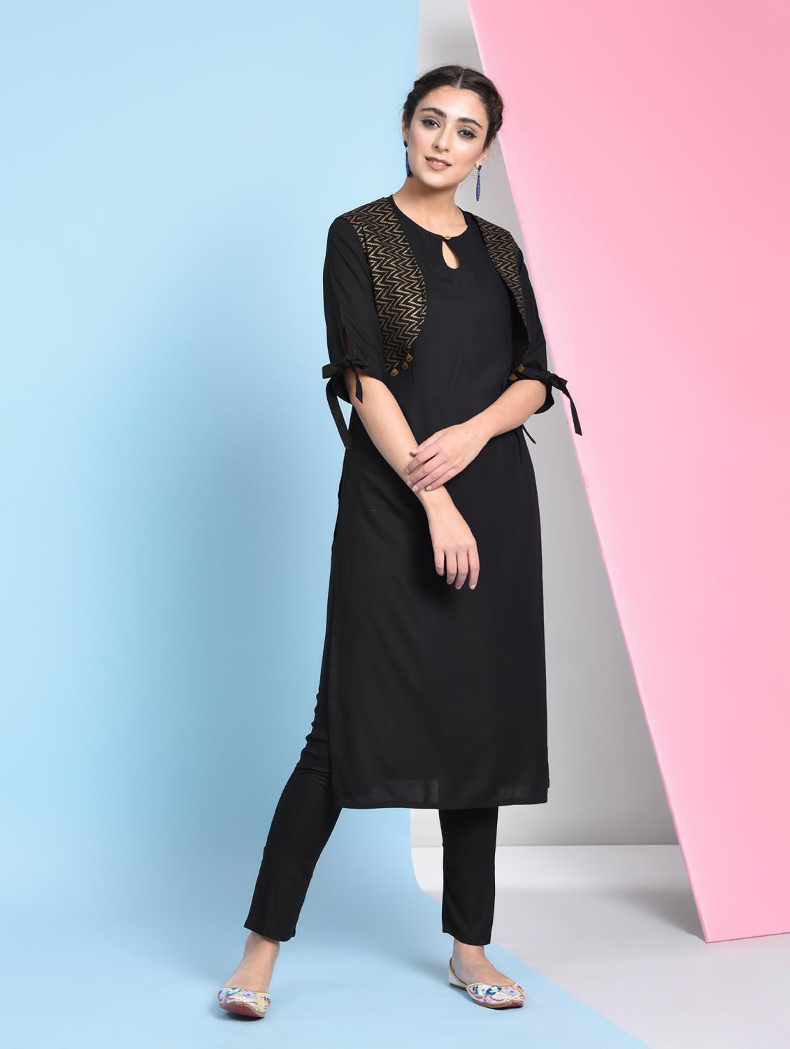 solid straight kurta with chevron jacket - 16012139 - Zoom Image - 1