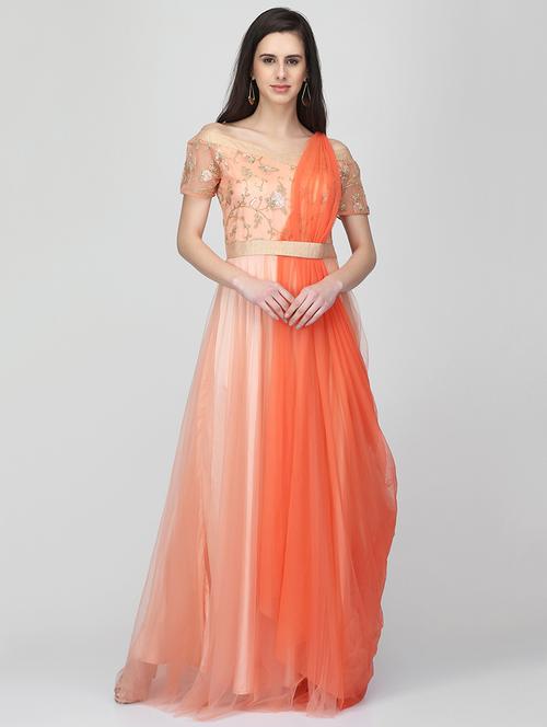 embroidered net off shoulder gown - 16013148 - Standard Image - 1