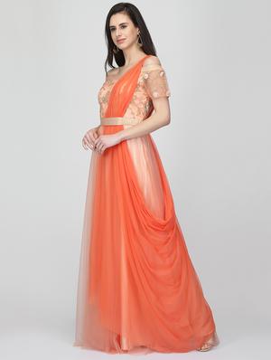 embroidered net off shoulder gown - 16013148 - Standard Image - 2
