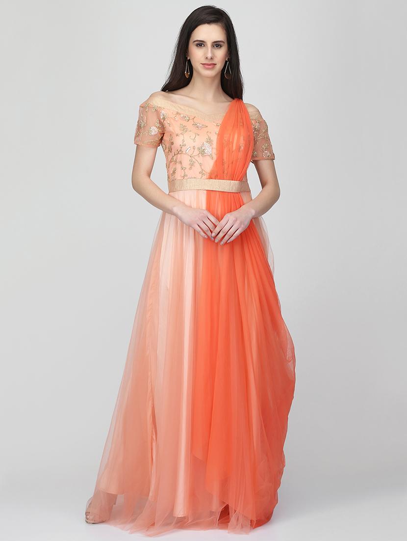 embroidered net off shoulder gown - 16013148 - Zoom Image - 1
